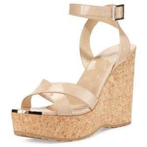 Jimmy Choo Papyrus Patent Leather Cork Wedge Shoes